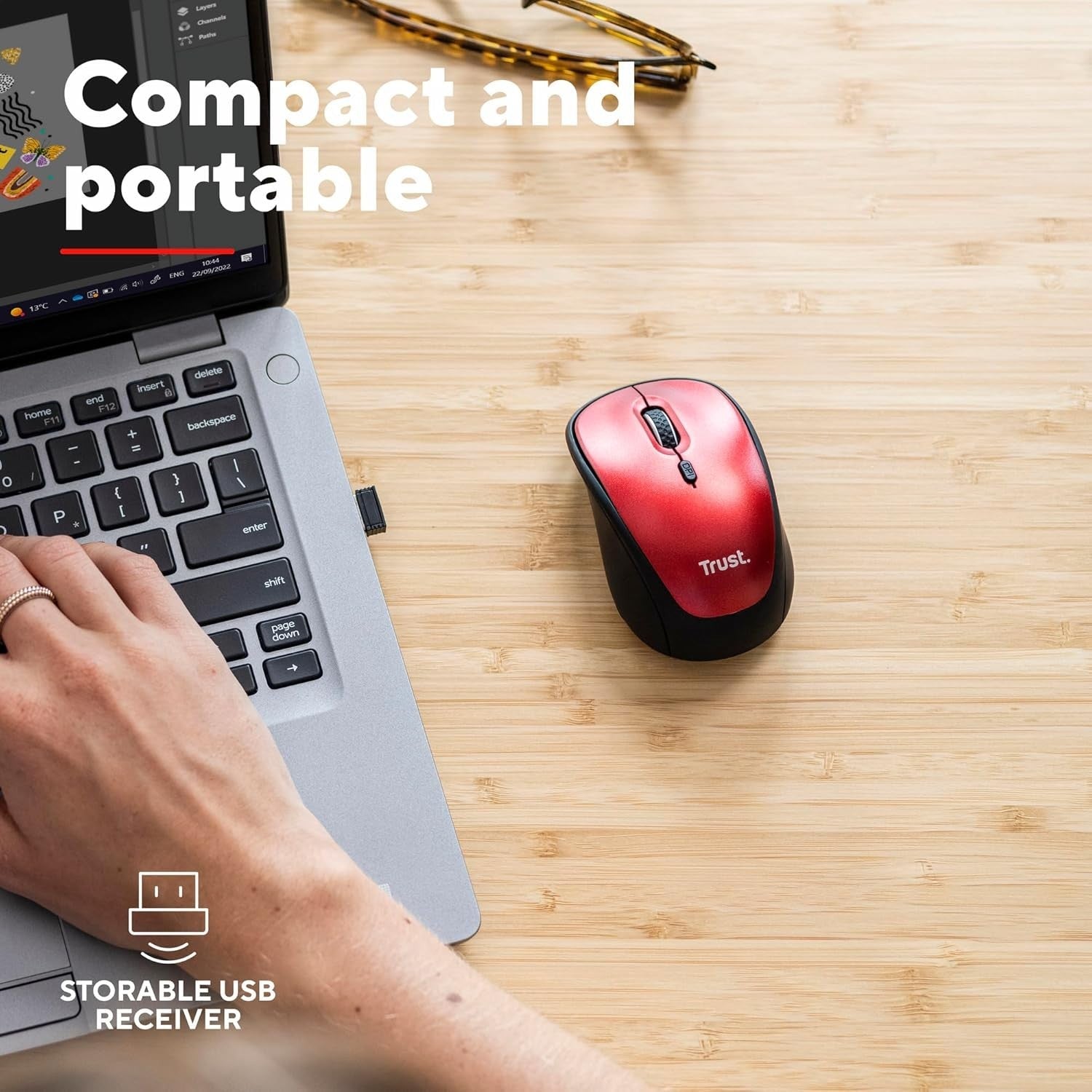Red Silent Wireless Mouse 1600 DPI Compact USB Receiver Home Office Laptop