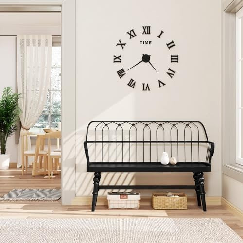 Black Farmhouse Entryway Bench with Back & Metal Spindle Indoor Seating