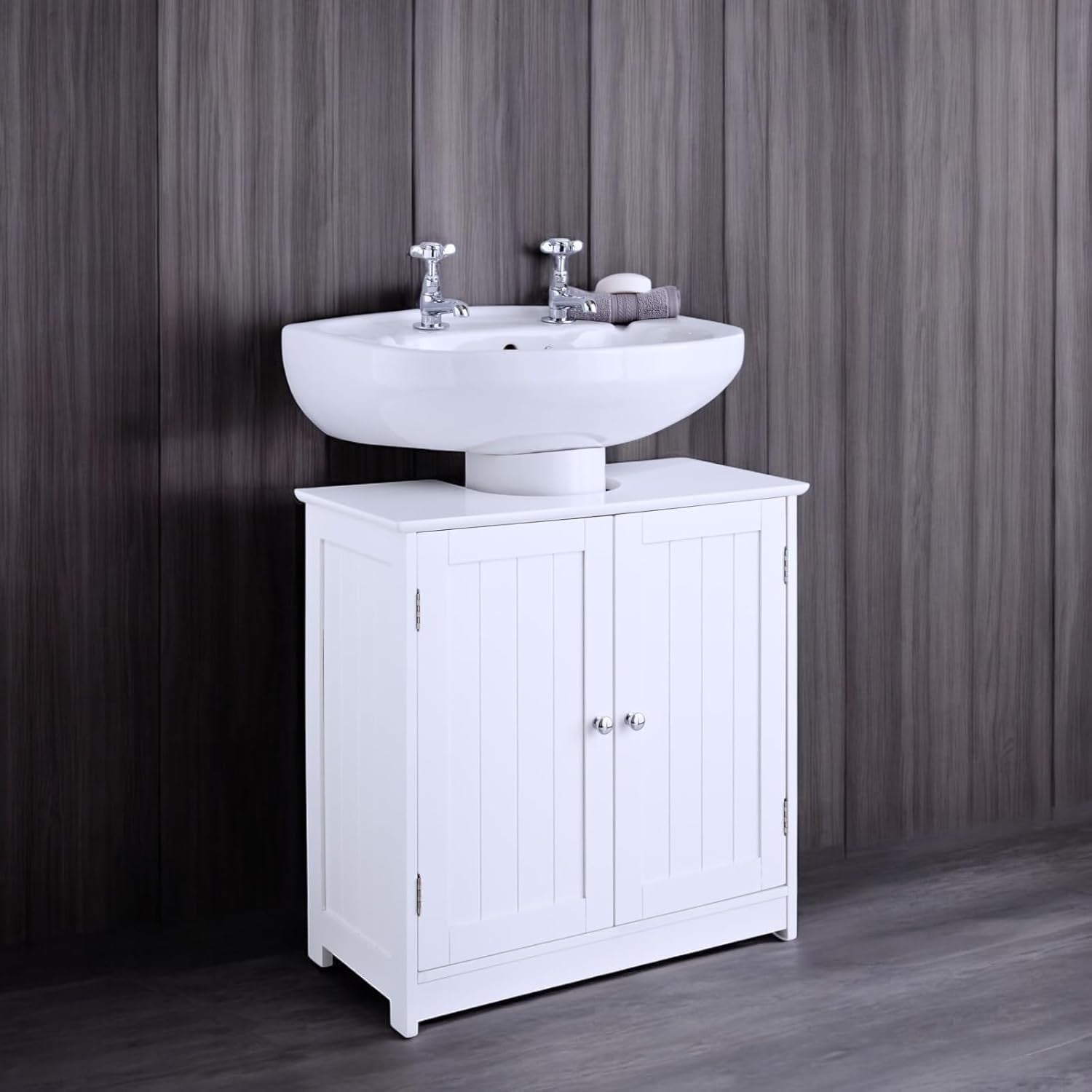 White Under Sink Bathroom Cabinet – 2 Door Vanity Cupboard with Storage Shelves