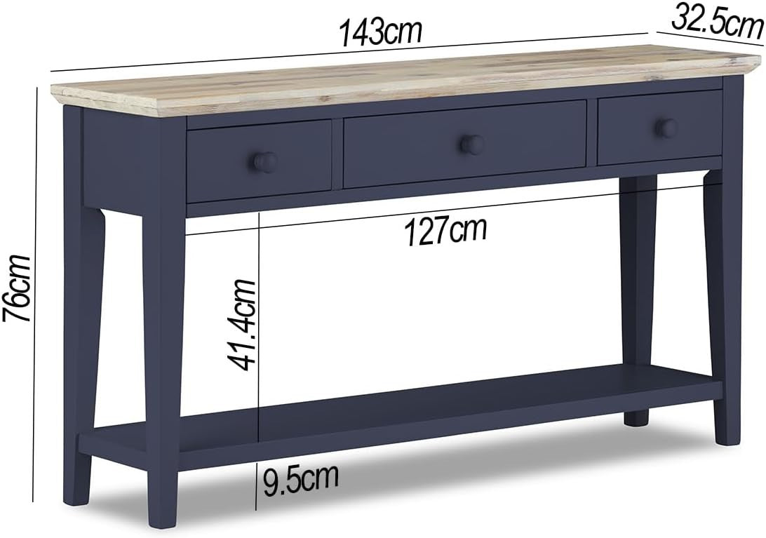 Navy Blue Console Table with Drawers & Shelf, Acacia Top, 143cm Wide