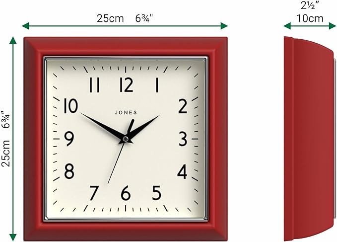 Red Retro Square Wall Clock 25cm Silent Quartz Easy Read Modern Kitchen Office