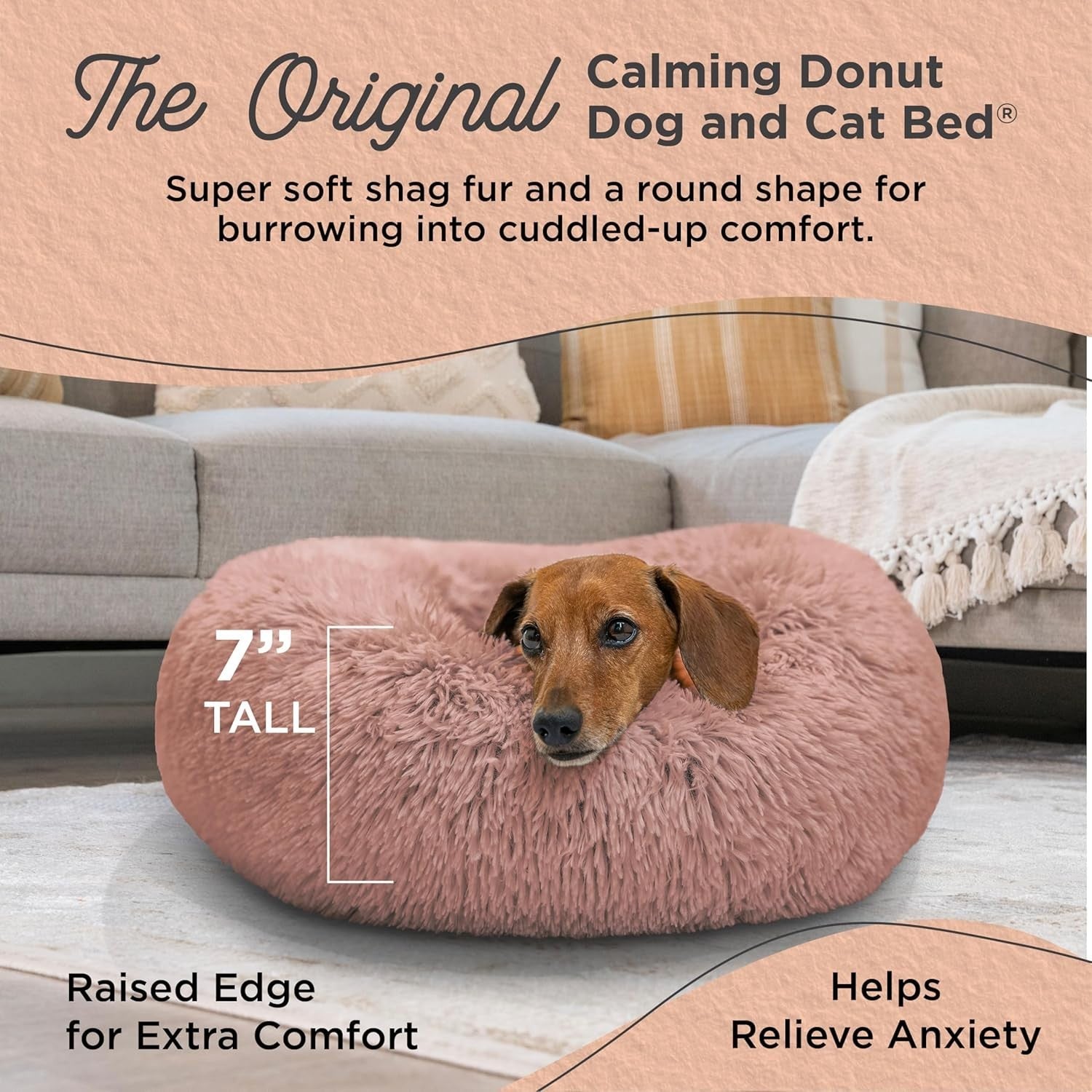 Calming Donut Dog Bed 23x23 Dusty Rose Anti Anxiety Small