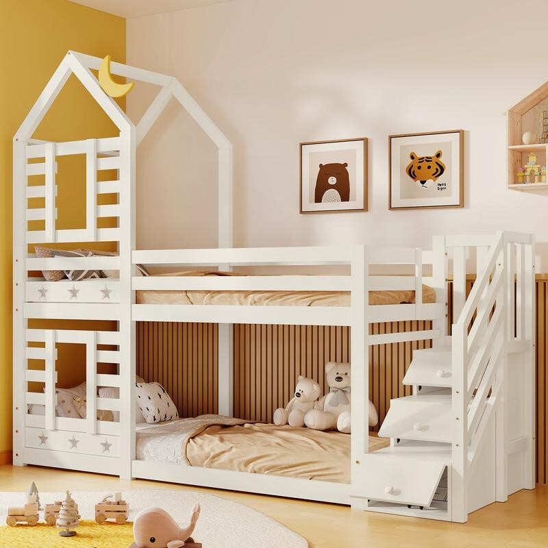 White Wooden Kids Bunk Bed with Storage Stairs Cabin Style 3FT Pine Twin Sleeper
