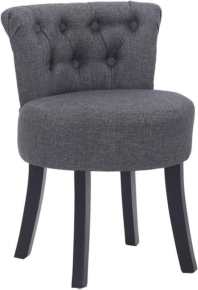 Grey High-Back Dressing Table Chair – Linen Vanity Stool with Wooden Legs