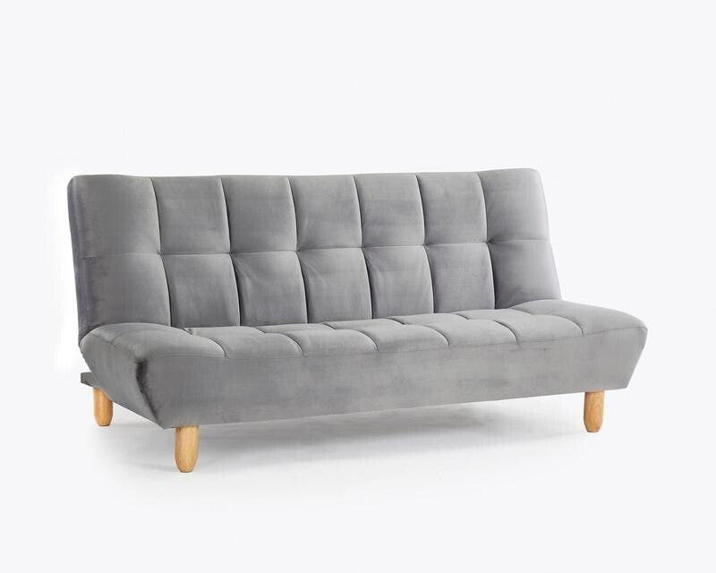 3 Seater Grey Velvet Sofa Bed Tufted Clic Clac Recliner w/ Wood Legs