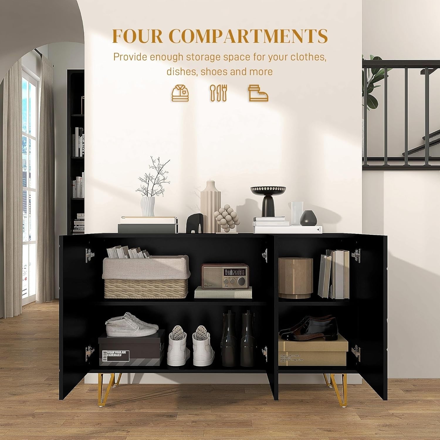 High Gloss Storage Cabinet with Adjustable Shelves Soft-Close Doors Black