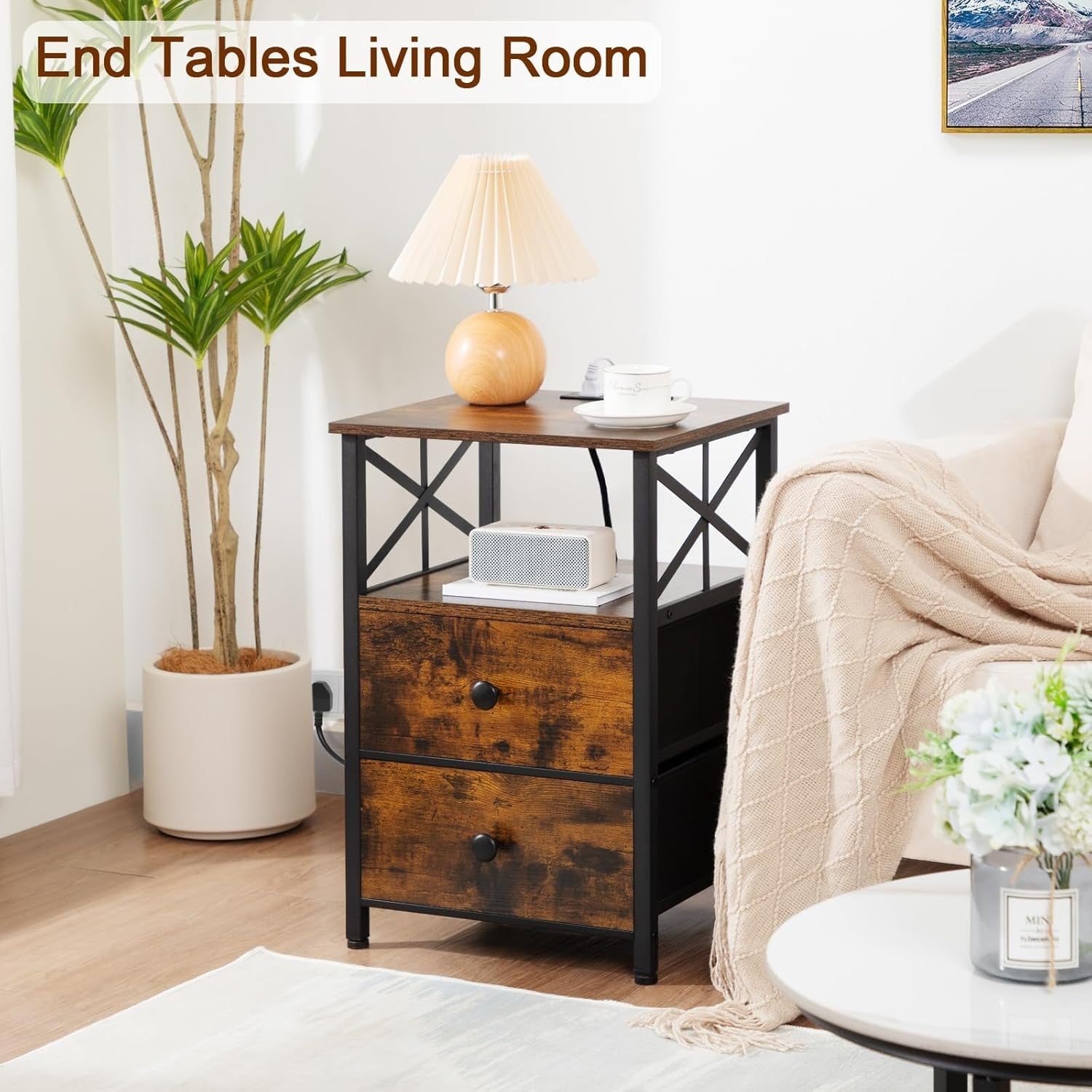 Set of 2 Brown Bedside Tables with USB Ports & Fabric Drawers