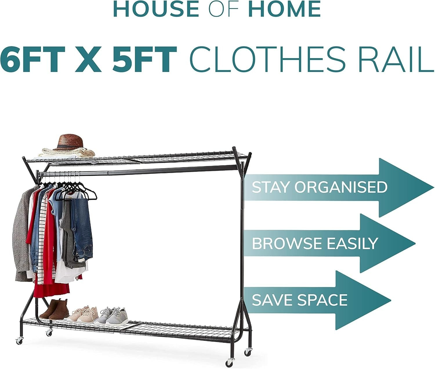 Heavy Duty 6ft Clothes Rail with Wheels & Shelves Black