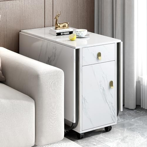 Extendable Folding Dining Table with Storage Drawers Marble White Black