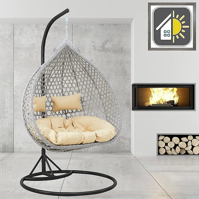 Luxury Rattan Double Egg Swing Chair w/ Cushions & Rain Cover – Indoor Outdoor