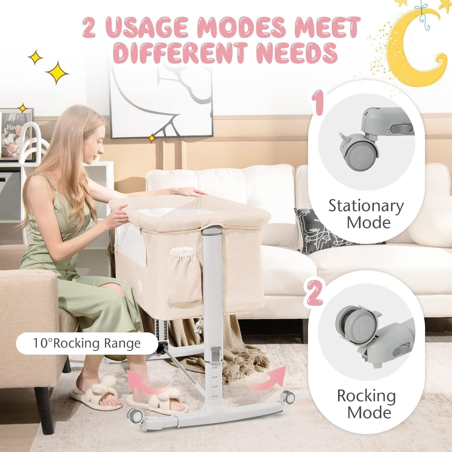 3in1 Baby Bassinet Bedside Crib Co-Sleeper Cot with Mattress & Wheels Beige
