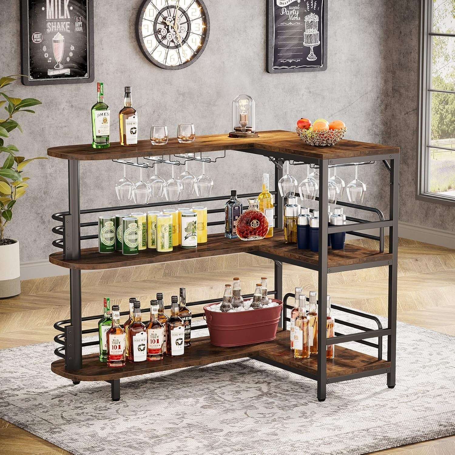 L-Shaped Home Bar Unit with Wine Glass Rack & Shelves Rustic Brown Kitchen Pub