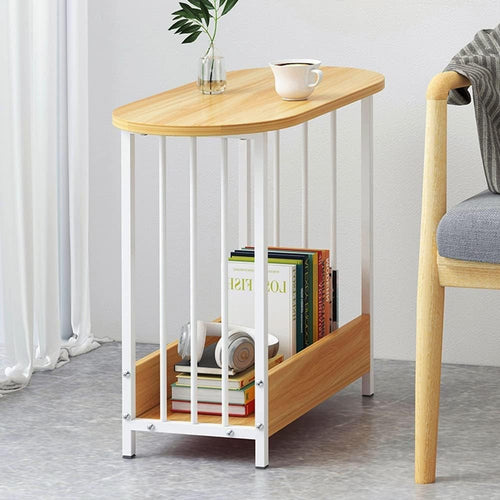 Oval Walnut Side Table with Storage Shelf – Modern Small Sofa Coffee Table