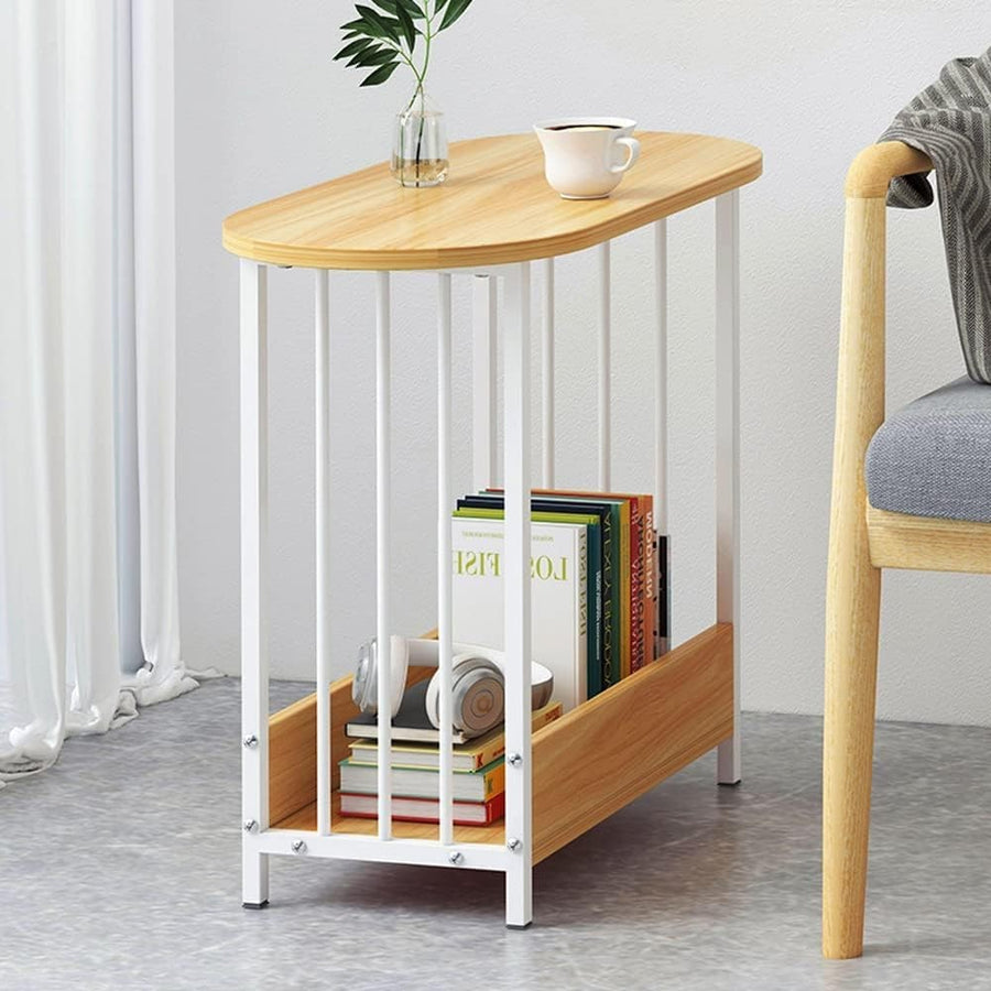 Oval Walnut Side Table with Storage Shelf – Modern Small Sofa Coffee Table