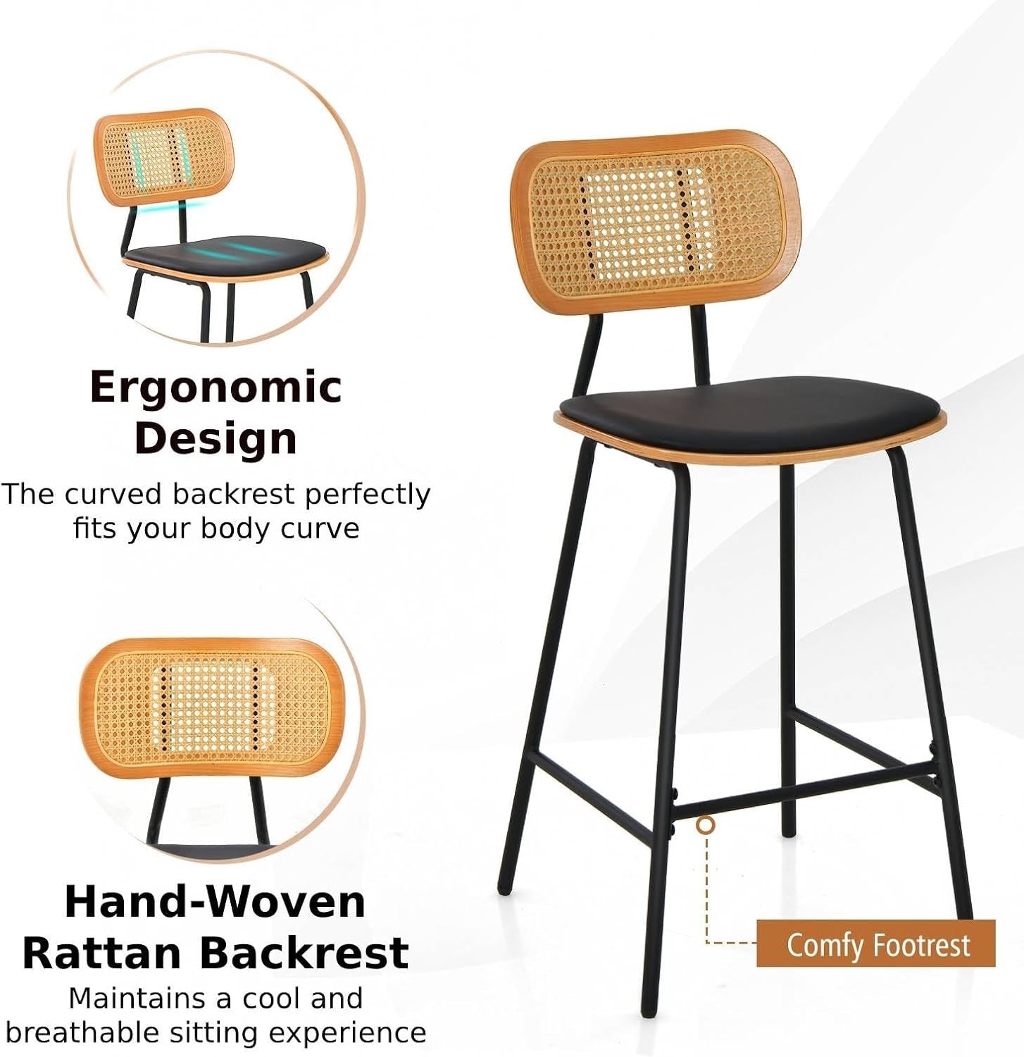 Bar Stools Set of 2 Black PU Leather Rattan Back Counter Chairs