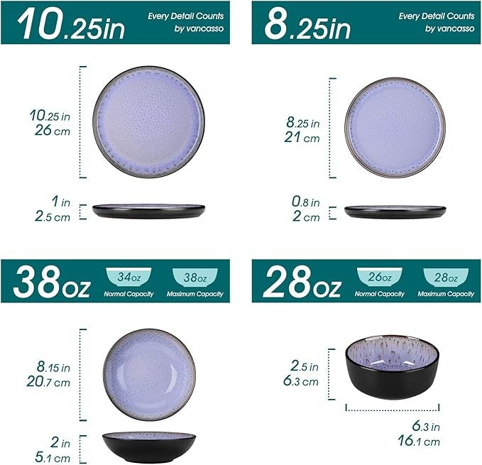 24pc Purple Stoneware Dinner Set Plates Bowls Reactive Glaze Service for 6