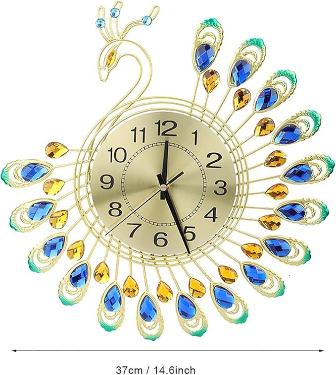 Large 3D Peacock Wall Clock Silent Luxury Metal Decorative Art 37cm Home