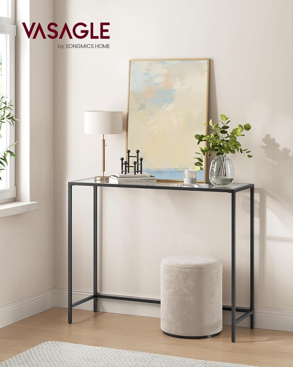 Slim Console Table Tempered Glass Top Metal Frame | 35D x 100W x 80H cm Black