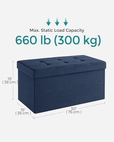 Dark Blue Folding Ottoman Bench 76cm Linen Storage Seat Footstool 89L Box