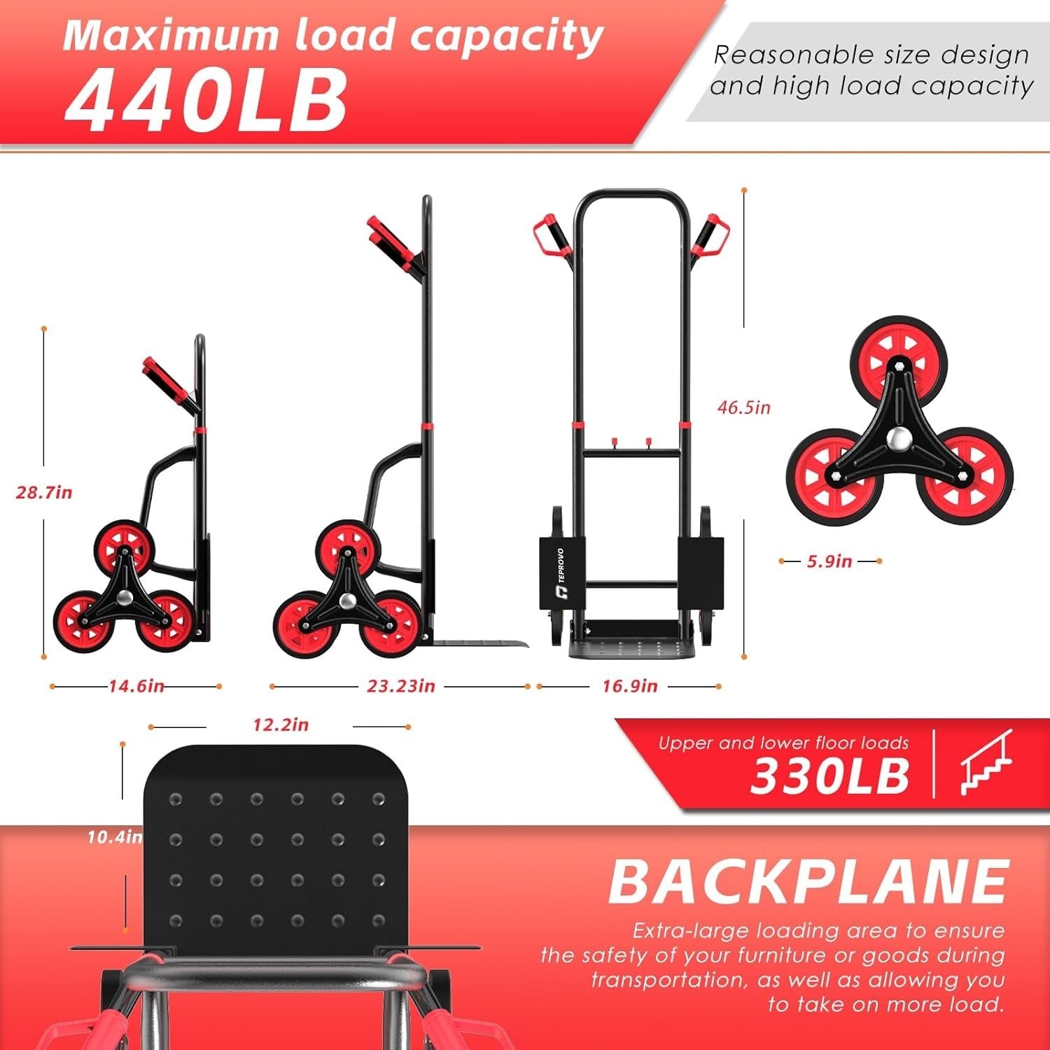 Stair Climbing Hand Truck 440lb Heavy Duty Folding Dolly 6 Wheels