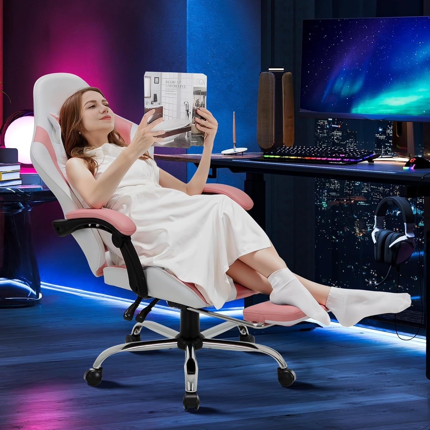 High-Back Pink Gaming Chair for PC/Video Gamers - Faux Leather Swivel Modern
