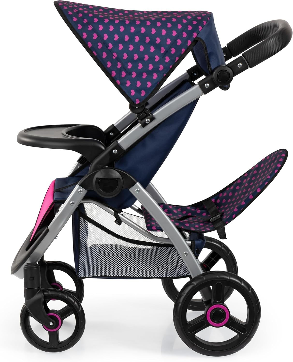 Double Doll Pushchair Twin Pram Adjustable Handle Fold Flat with Bag
