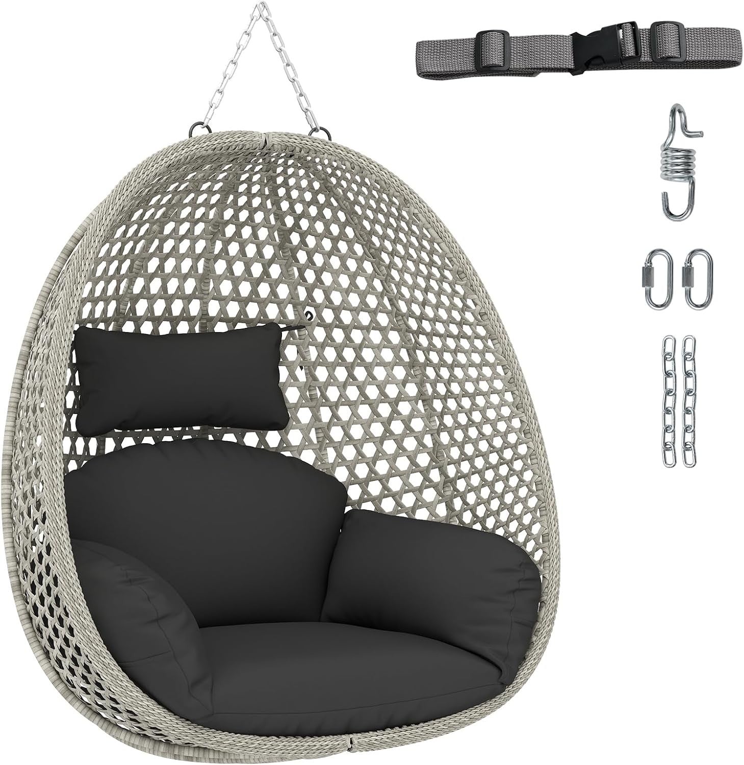 Rattan Hanging Egg Chair with Soft Thick Cushion & Head Pillow for Garden Patio