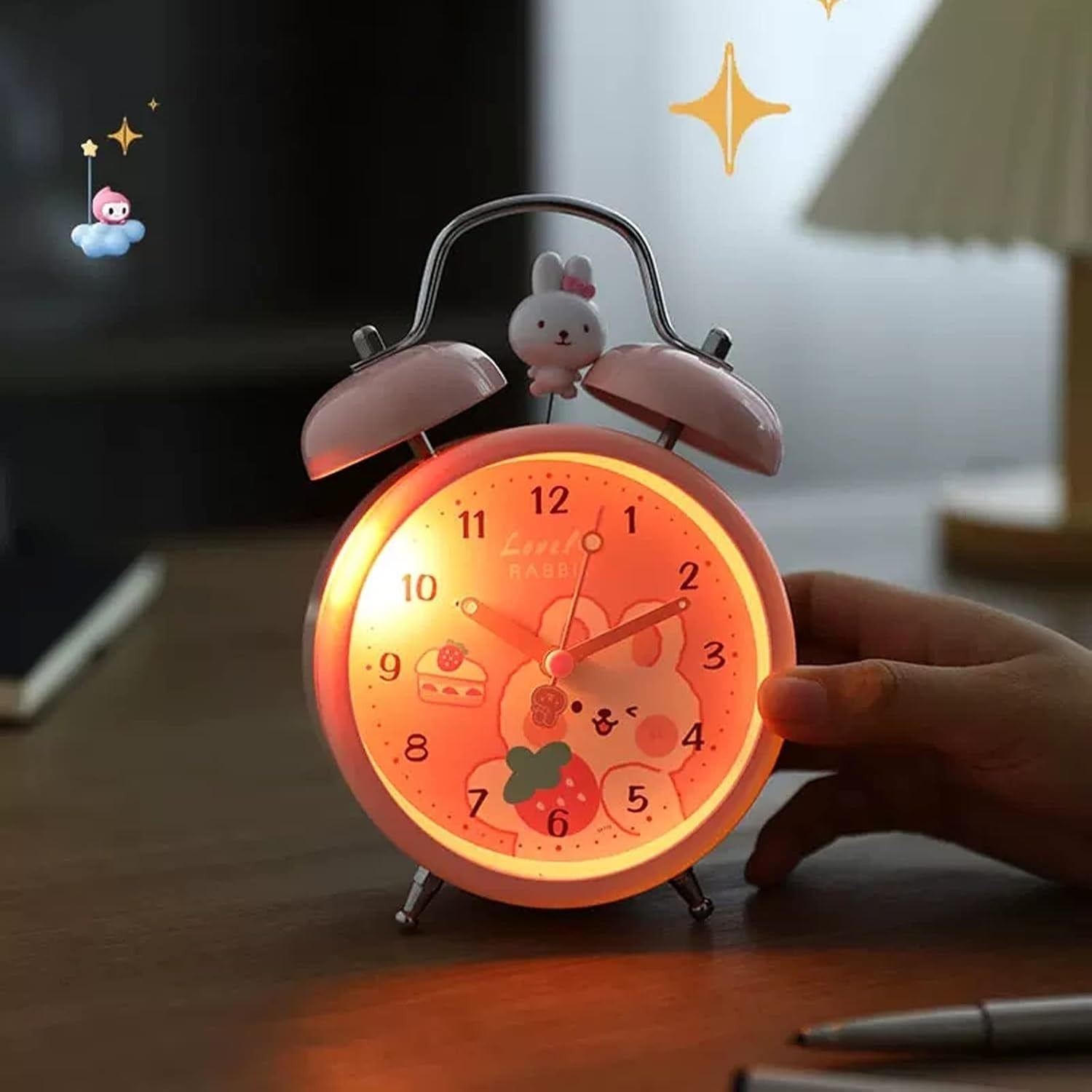 Cute Rabbit Twin Bell Alarm Clock Loud Silent Non Ticking Kids Bedside Decor