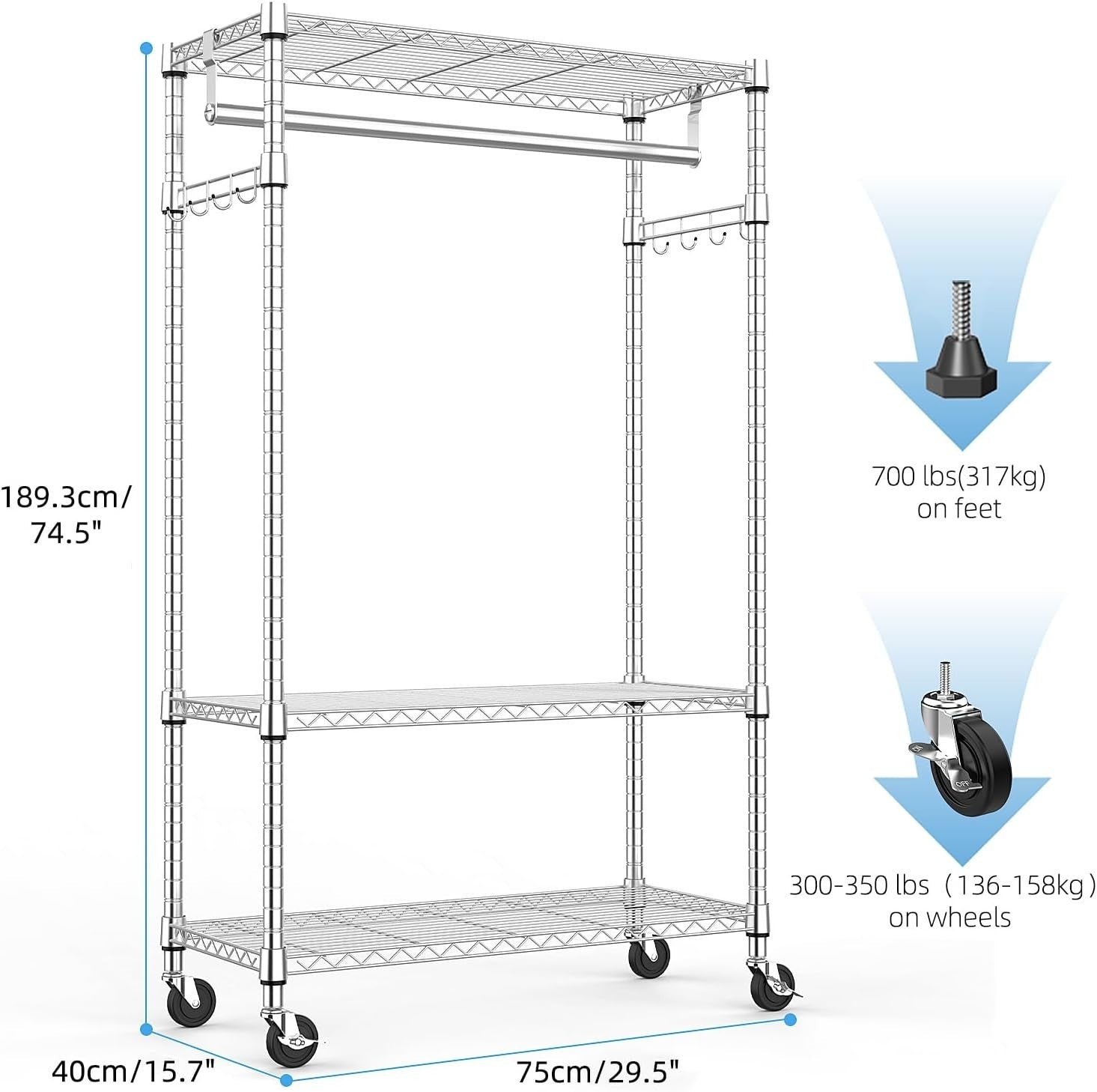 Heavy Duty Chrome Garment Rack with Wheels – 3 Tier, 189cm