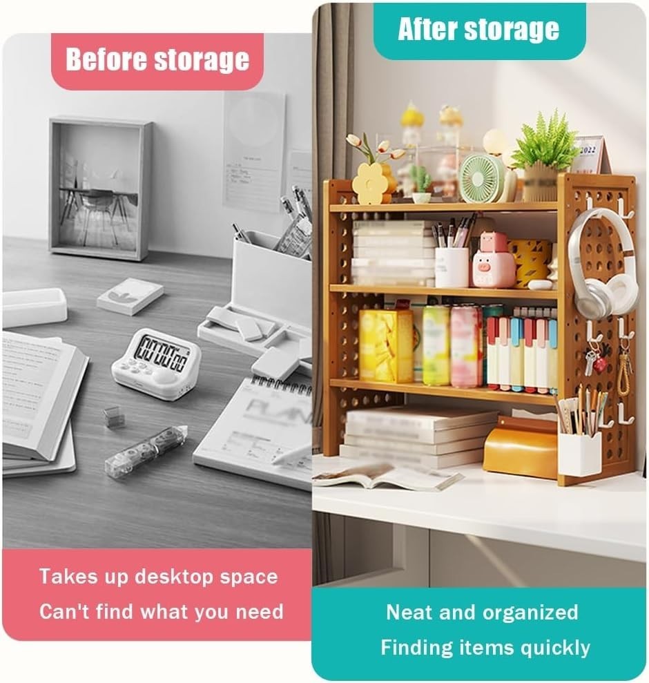 3-Tier Desktop Bookshelf Organizer w/ Pegboard | Bamboo Desk Hutch 50×20×56cm