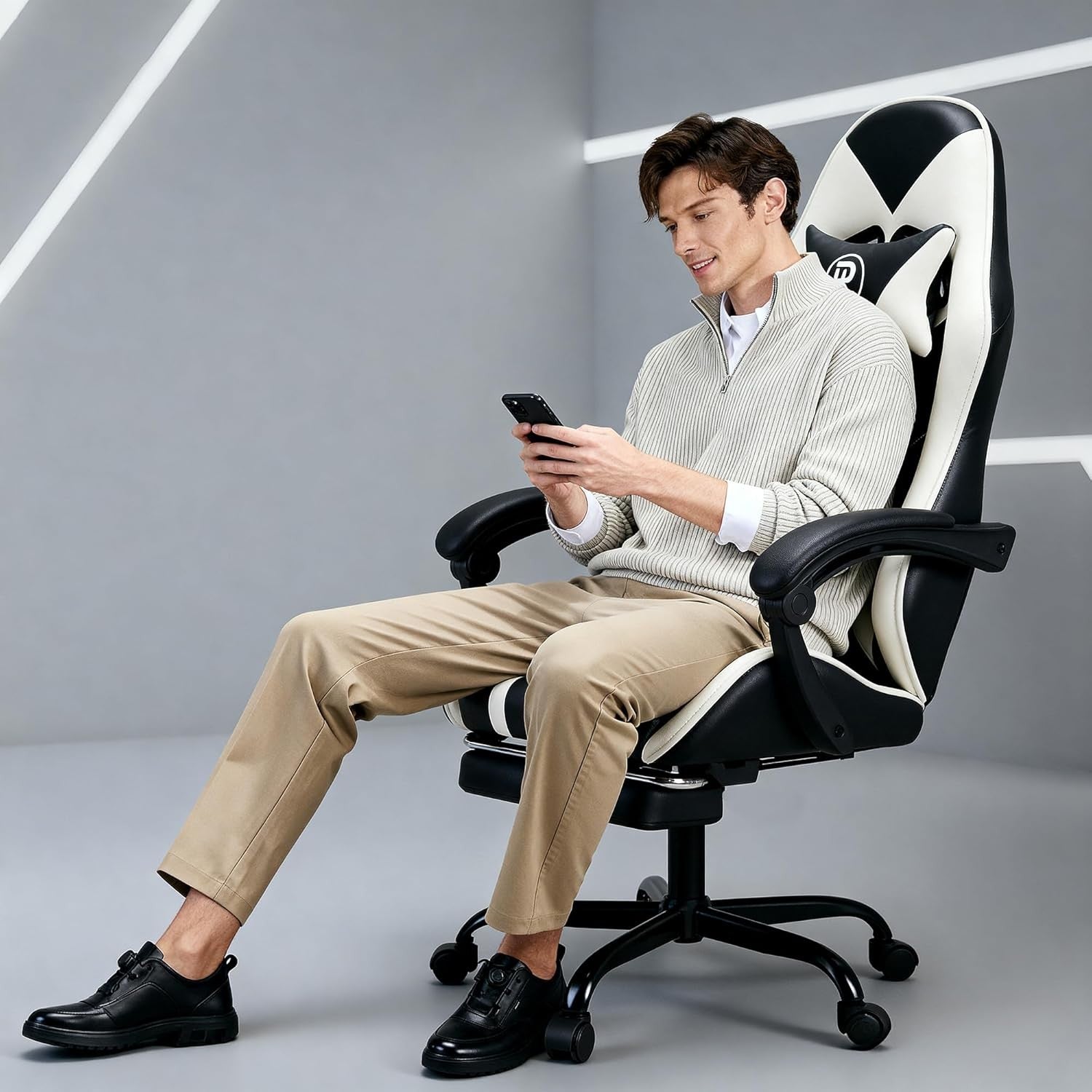 Ergonomic Gaming Chair with Footrest & Lumbar Support – White PC Seat