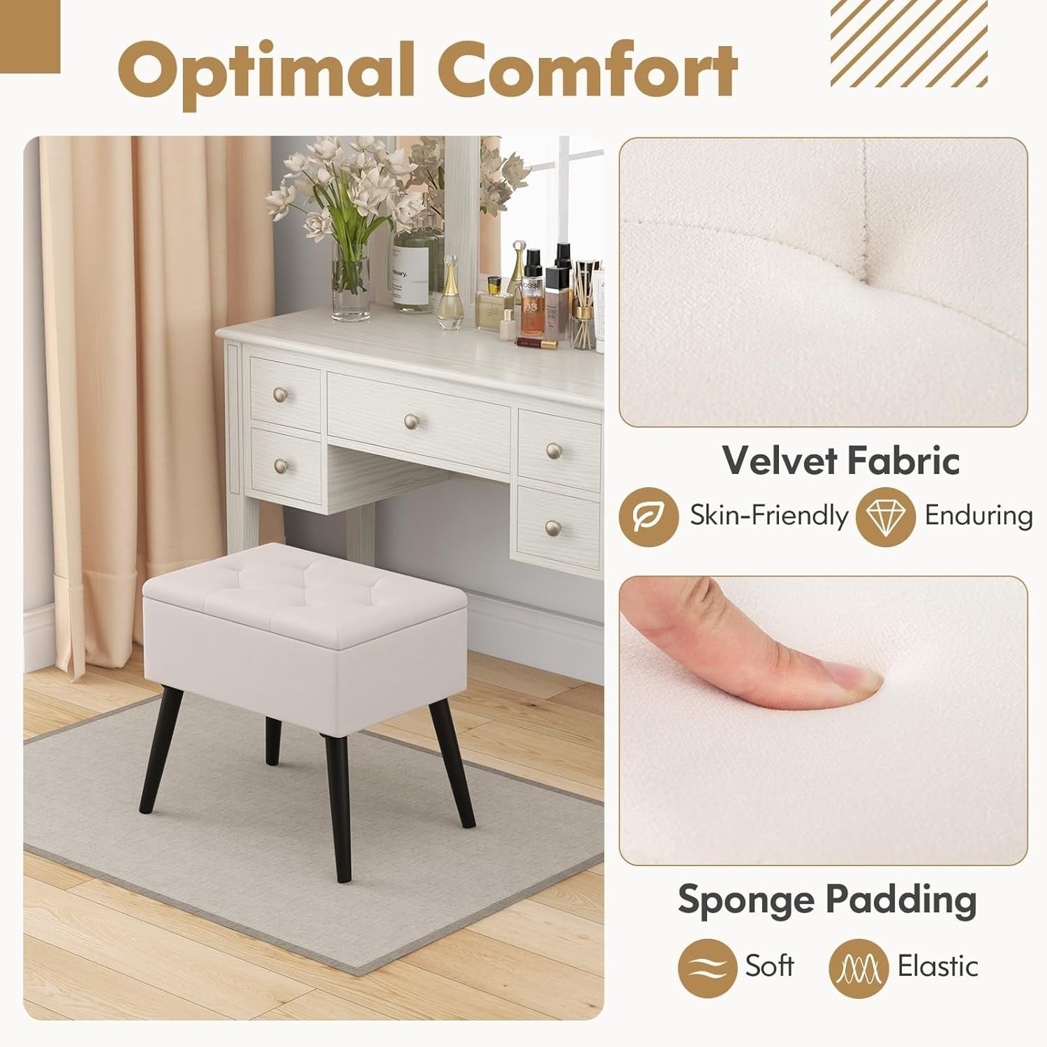 Beige Velvet Flip-Top Footstool Storage Ottoman Vanity Seat w/ Solid Wood Legs