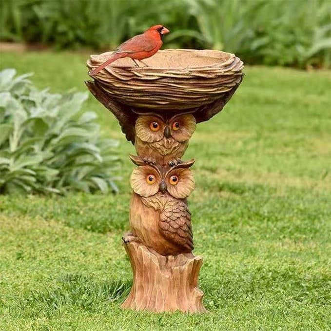 Owl Resin Bird Bath & Feeder – Waterproof Garden Ornament Yard Decor