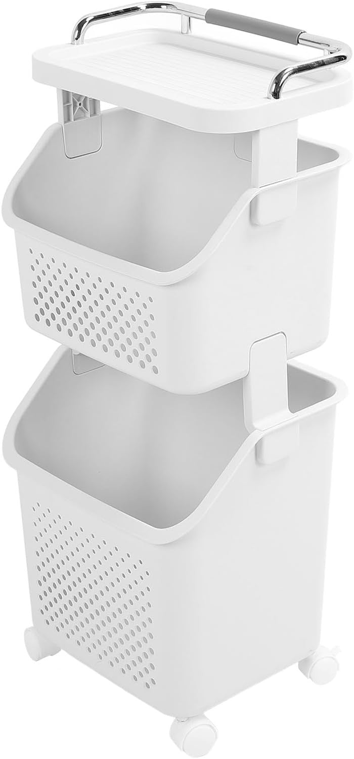 2 Tier Rolling Laundry Hamper Basket Stackable Organizer with Wheels White
