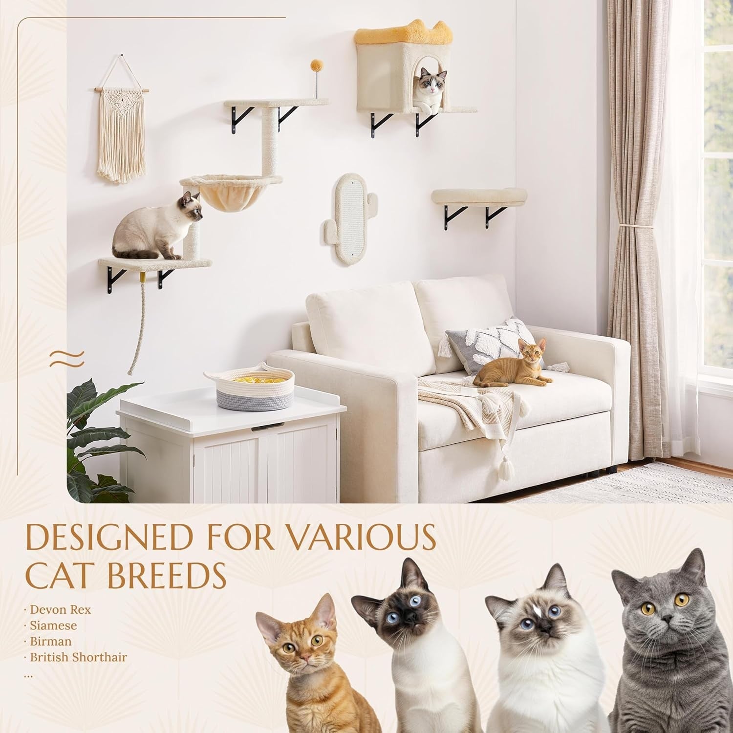 Wall Mounted Cat Shelves Climbing Set with Scratching Posts Perches Beige