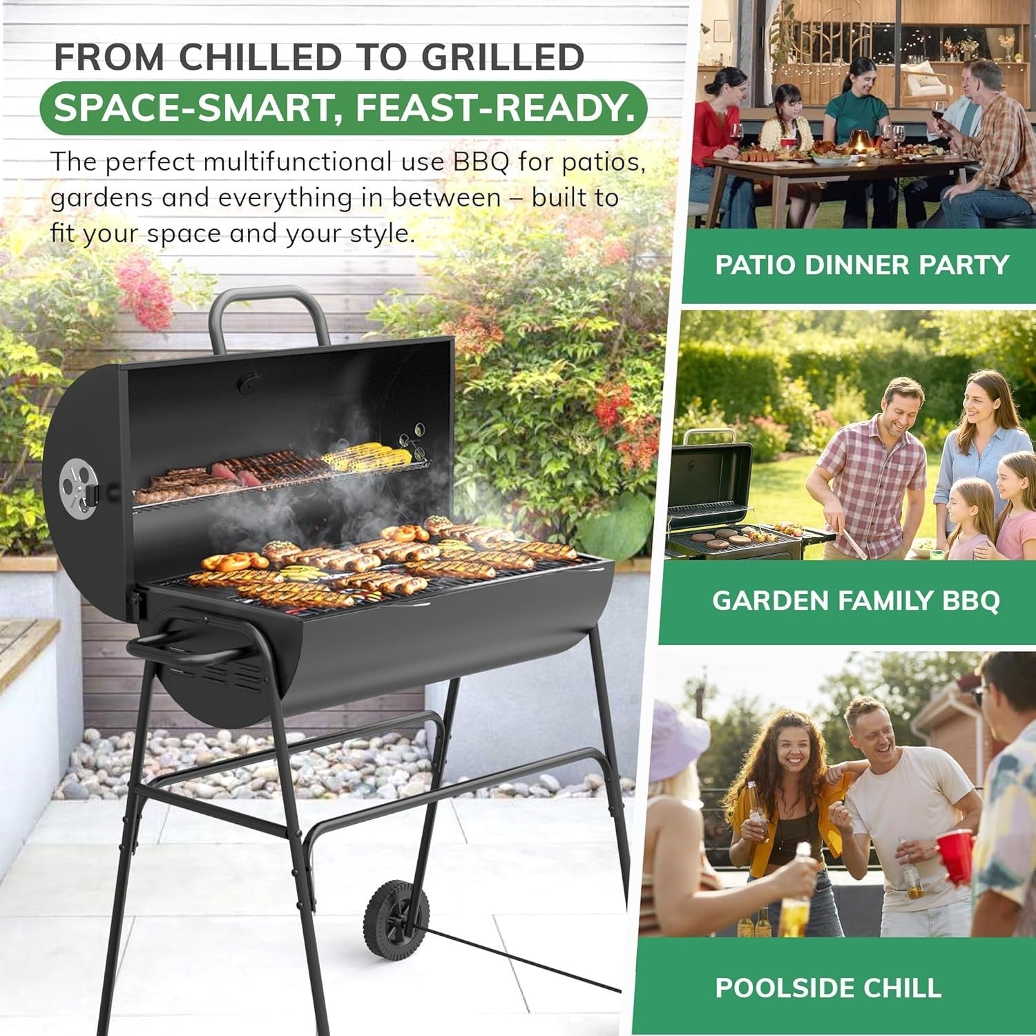 XL Barrel Charcoal BBQ Grill | Large Outdoor Smoker | Built-In Thermometer
