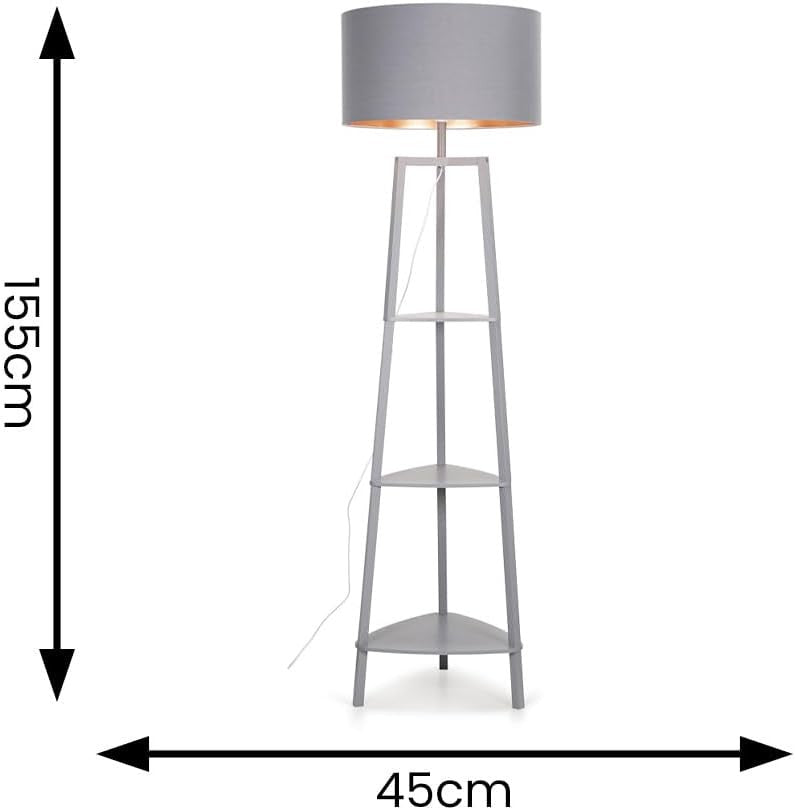 Grey Wooden Floor Lamp with Shelves Tall Storage Standing Light Grey Shade