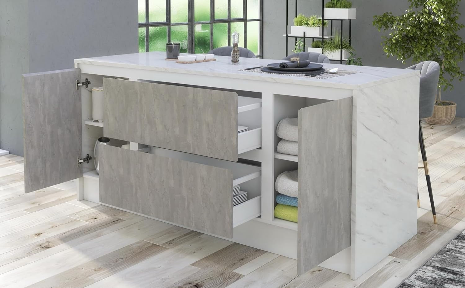 Furneo Kitchen Island with Storage, 2 Drawers & 2 Doors White Marble 170x68cm