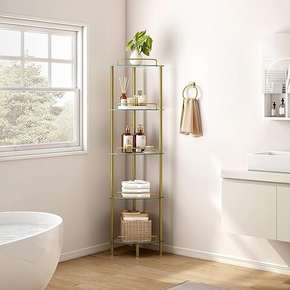 Gold Corner Shelf Unit – 5-Tier Glass Display Stand for Living Room & Bedroom