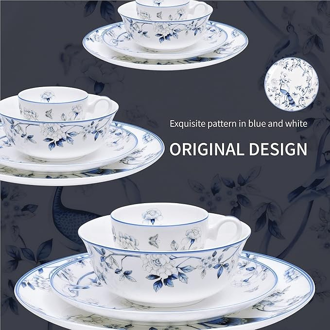 16pc Fine Bone China Dinnerware Set Blue White Plates Bowls Cups Service for 4