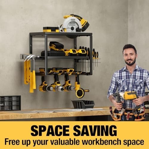 Heavy-Duty Wall Tool Rack 41.9x21x33cm 4-Slot Drill & Battery Organizer