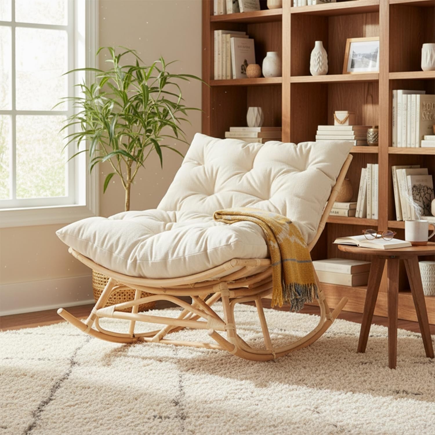 Rocking Papasan Chair Indoor Rattan Moon Chair with Cushion Adjustable Base