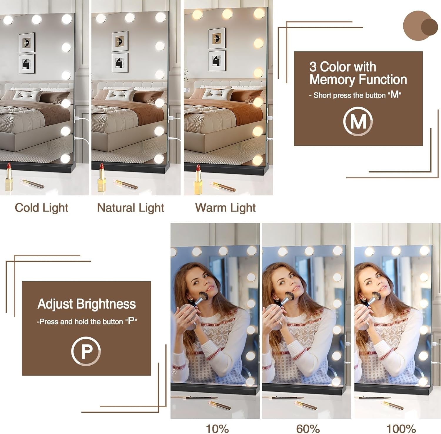 Vanity Makeup Mirror with LED Lights, USB Port, Smart Touch, 80x60cm