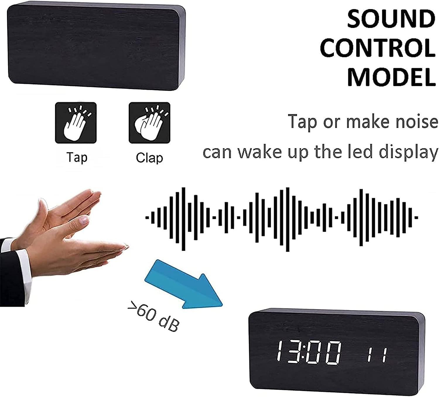 Wooden LED Digital Alarm Clock Silent Bedside Temperature Display