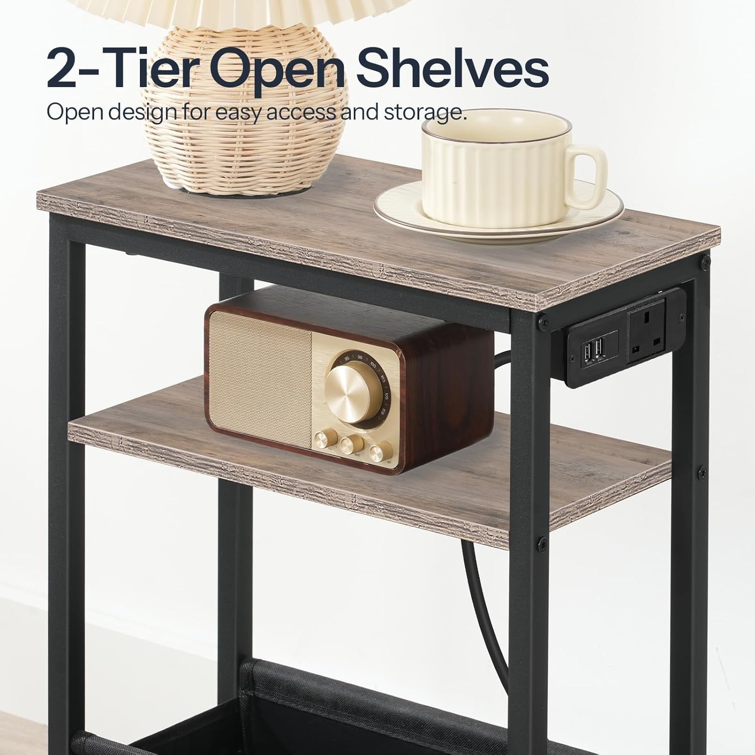 Slim Charging Side Table with USB Ports & Power Outlet, Greige Storage