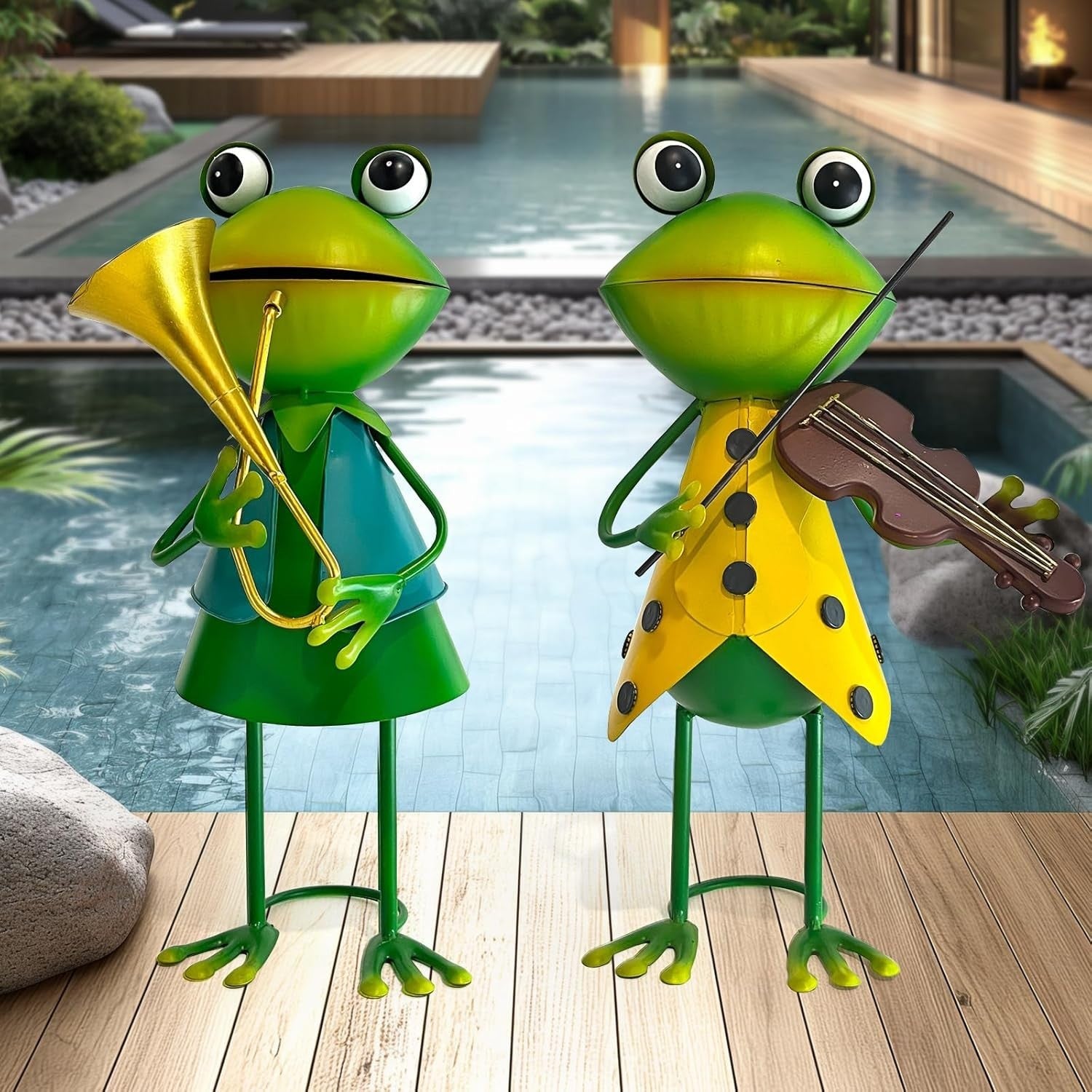 Metal Frog Violin Garden Ornament 3D Outdoor Yard Art Fairy Lawn Decor Statue