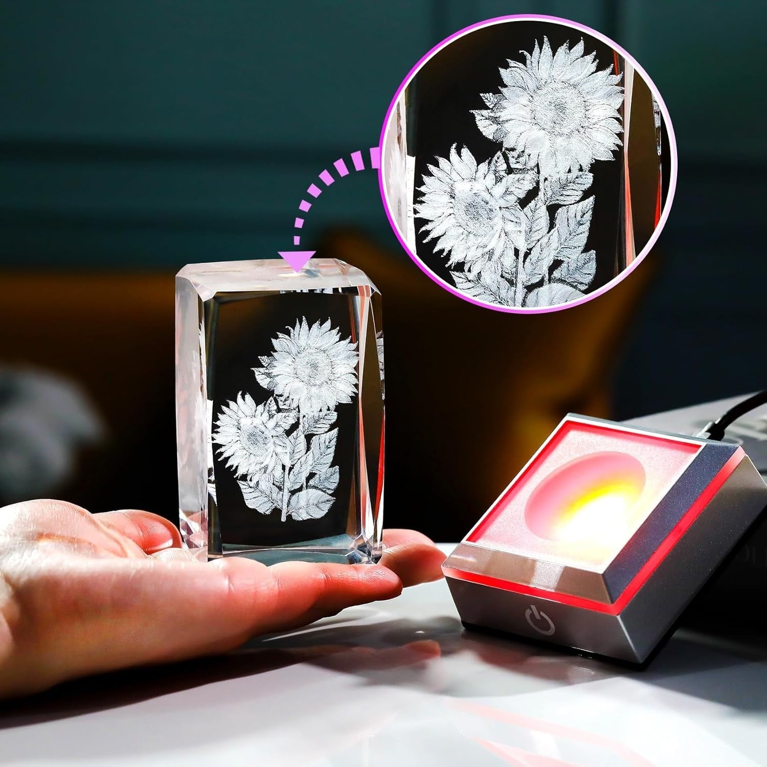 3D Crystal Sunflower Ornament with LED Light Base – Birthday Gift for Women