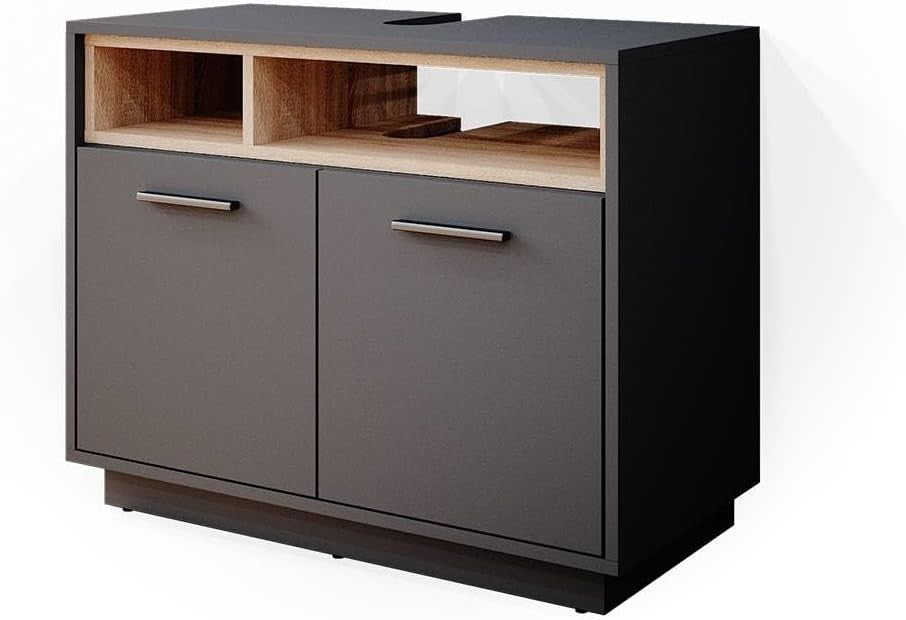 Anthracite Bathroom Sink Cabinet Vanity Storage Unit with Oak Shelves 80x64cm
