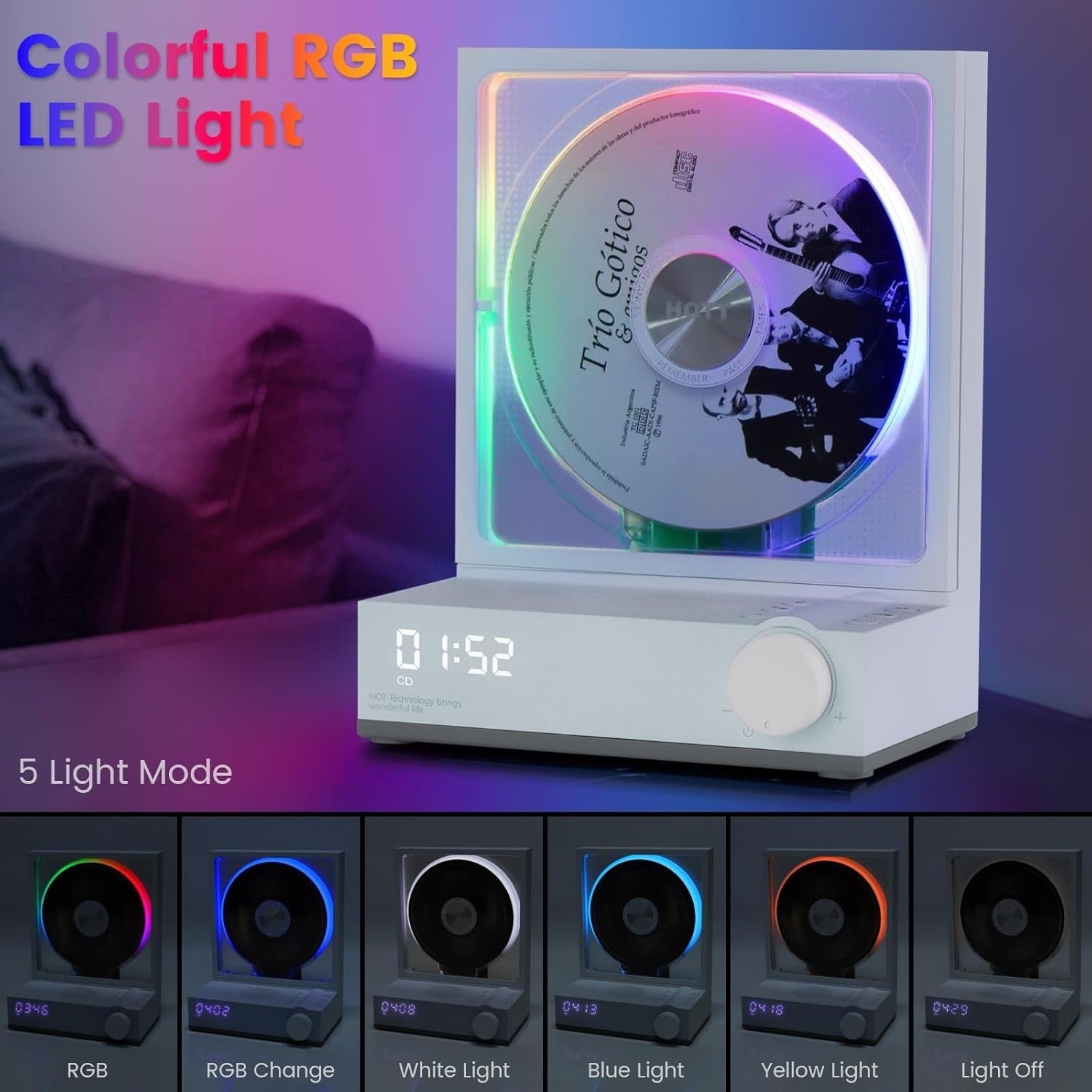 Portable CD Player Bluetooth 5.3 Speakers RGB Lights USB TF Remote