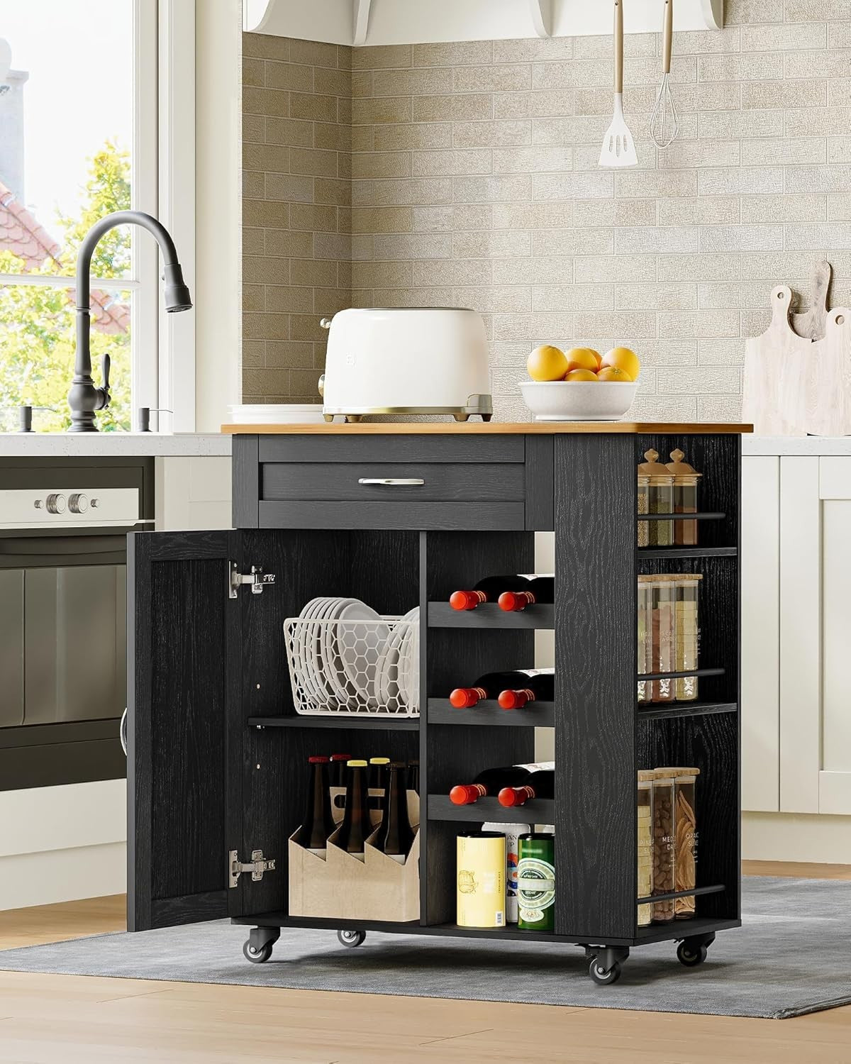 Black Rolling Kitchen Island Cart Wine Rack Drawers Shelves